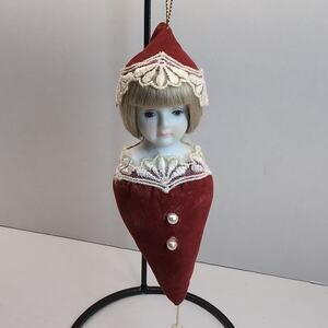 Kurt Adler Christmas Ornament Porcelain Face Victorian Red Velvet Lace 1982